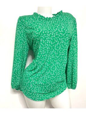 Adrianna Papell Green Blouse Small floral Pattern Long Sleeve Ruffle Size Large